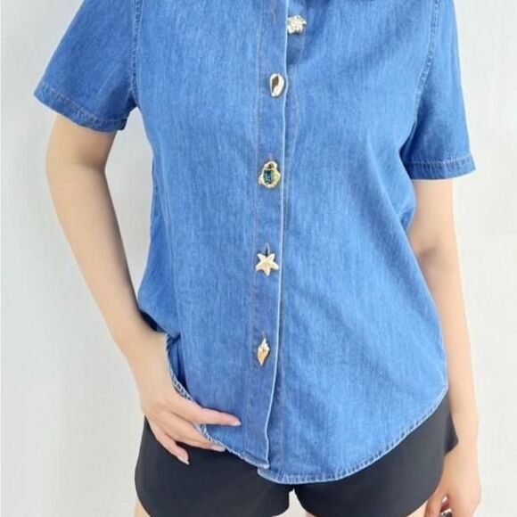 Selen Exotic Button Down – Denim Shirt with Statement Gem Buttons - Picture 1 of 11